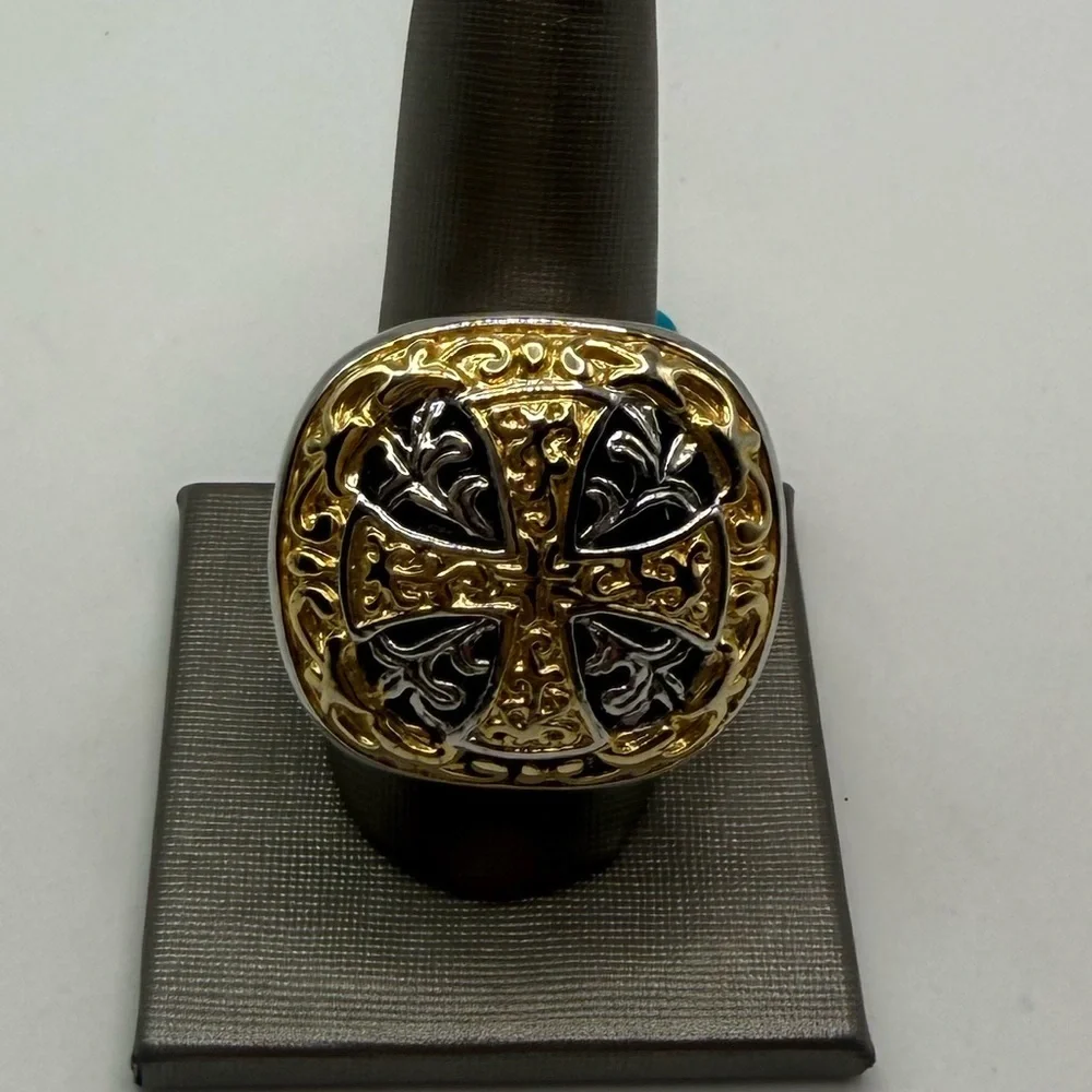 Byzantine Maltese Cross Style Two Tone Statement Ring Size 8.75